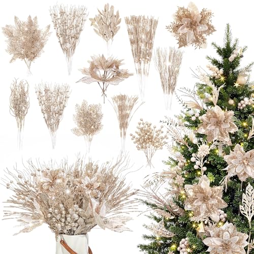 Yerliker 108 Pcs Blue Glitter Christmas Picks and Sprays, 12 Styles Artificial Christmas Floral Berry Branches Flowers Stems for Xmas Tree Ornaments Wreath Garland DIY Vase Holiday Party Decor by Yerliker - Used condition - US$12.43