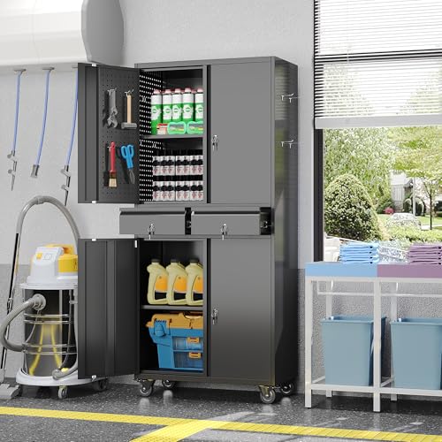 Image of 71-Inch Garage Storage Cabinet with 2 Drawers, Pegboard and Wheels