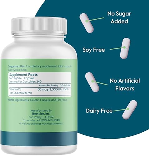Miniatura 2 de BESTVITE Vitamina D 2000 UI (240 cápsulas) - Sin estearatos - Sin OMG - Sin gluten