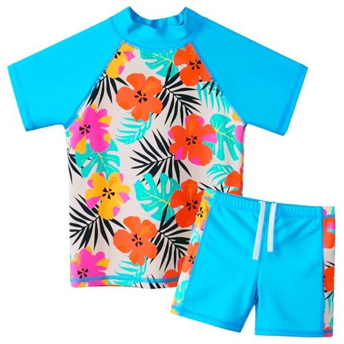 Image of TFJH E Girls Short Sleeve Swimwear Two Piece Swimsuit UPF 50+ Rash Guard Sets UV 3-12Y
