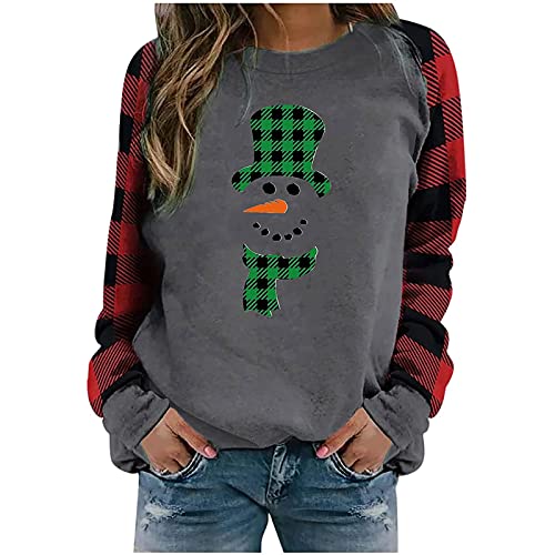 Women Christmas Crewneck Sweatshirts Plaid Patchwork Long Sleeve Shirts Abstract Snowman Print Lightweight Sweaters