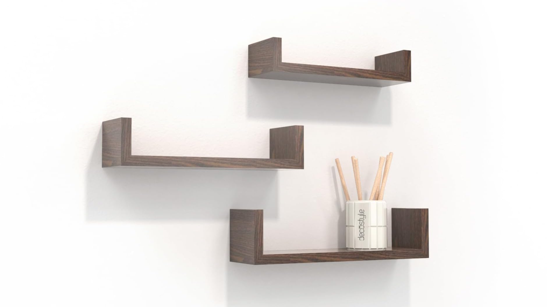Decostyle Wall Shelves for Living Room Wall Mounted Book Shelf, Hanging Shelf for Room, Wall and Home Decor Items | Storage Organizer U Shape Corner Wall Shelf | Set of 3 (Flowery Wenge)-image-7