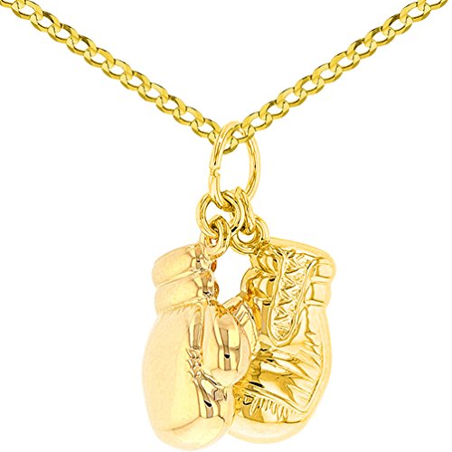 Jewelry America High Polish 14K Yellow Gold 3D Boxing Gloves Charm Sports Pendant Curb Chain Necklace, 24" #TOP28