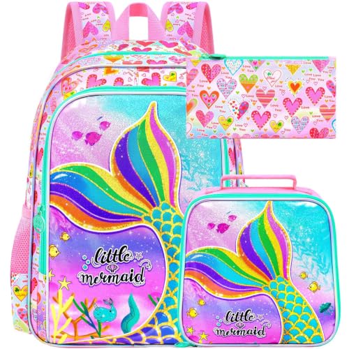 Image of 16 inch Mermaid Backpack for Girls, 3Pcs Kids Fish Tail Backpacks with Lunch Box, School Bookbag for Elementary Preschool Kindergarten(Pink)