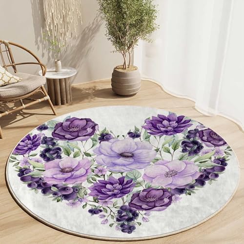 Boho Floral Round Rug 2 FT Purple Office Desk Chair Mat Computer Gaming Rolling Chair Mat Desk Rug Wood/Tile Protection Mat for Office Home -  ExorDern