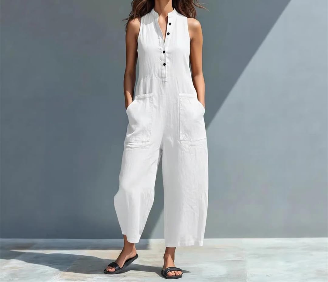 Yeuyyben Mono de una pieza sin mangas con cuello alto y pierna ancha para mujer, cintura alta, bolsillo, oficina, casual, elegante