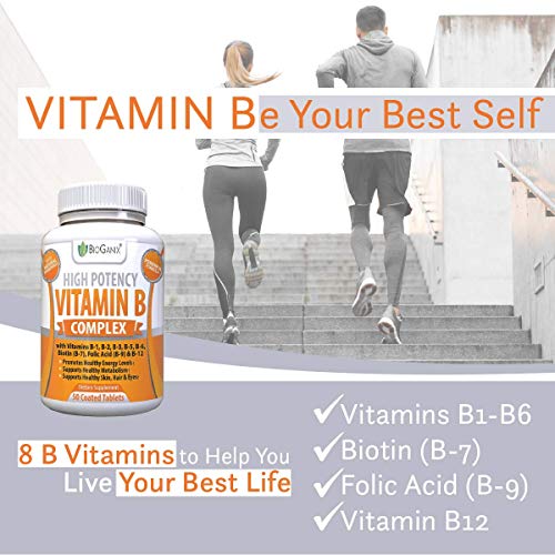 Bioganix Vitamin B Complex Supplement, Vitamin B12, B1, B2, B3, B5, B6, B7 Biotin & B9 Folic Acid, Vegan High Potency Capsules to Boost Energy, Weight Loss, Metabolism, Skin, Hair & Eyes (50 Capsules)