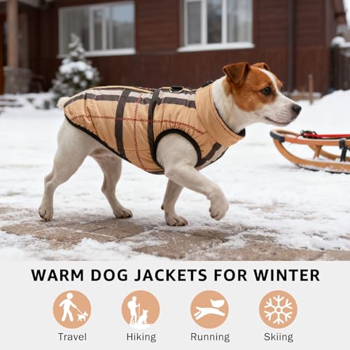 Image of SCENEREAL Winter Dog Vest Coat with Harness Built in for Small Medium Dogs | Warm Puppy Jacket, Cold Weather Coat with Zipper, Fleece Puffer Vest Windproof Snow Clothes, Beige Plaid