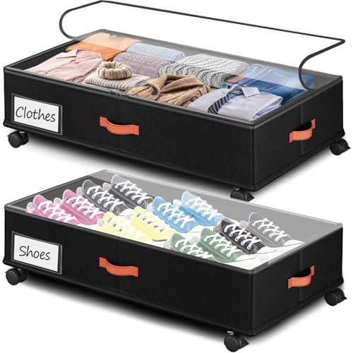 Tsinglax Under Bed Storage with Wheels 2-Pack, Under Bed Storage Containers 66L Clear Lids, Rolling...