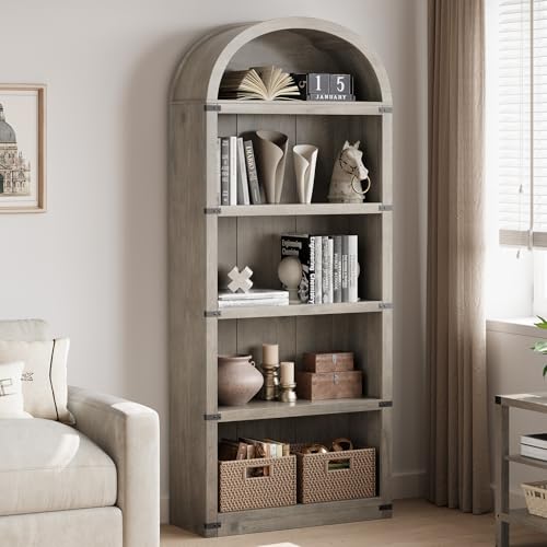GarveeHome Bookcase 5 Shelf Arched Bookshelf 71.65in Tall Bookcase Farmhouse Display Storage Rack Wooden Bookshelves for Home Office, Living Room (Rustic Gray)