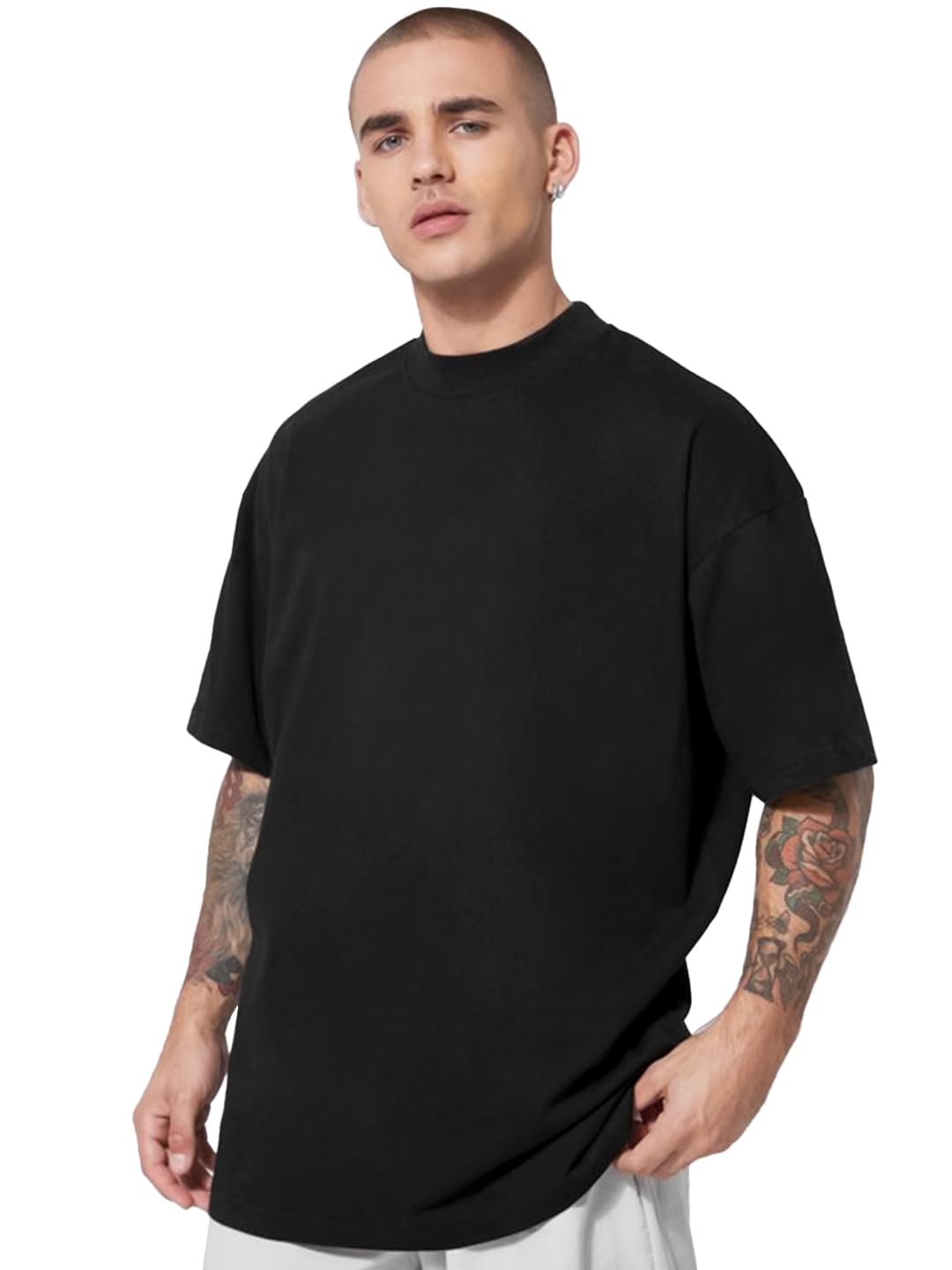 CHKOKKOOversized Solid Round Neck Tshirts for Men Black XL (B-Black)