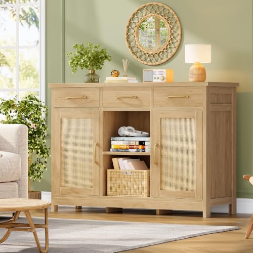 Image of Coffee Bar Cabinet with 3 Drawers, Farmhouse Buffet Cabinet | Kitchen Buffet Sideboard Cabinet with 2 Adjustable Shelves & 2 Doors, for Kitchen Room, Dining Room, Living Room, Nature