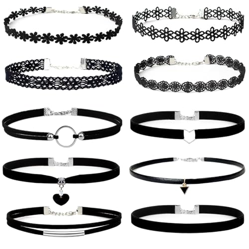 YOKER 10 Pcs Black Necklaces for Women Adjustable Layered Velvet Choker Set Classic Gothic Tattoo Lace Chokers