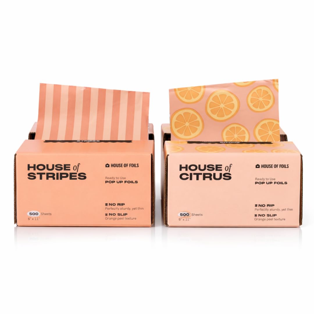 House of Foils Cute Pop Up Hair Foils | 1000 Sheets (2 Boxes of 500) 5x11 | No Slip No Rip Pre Cut Foils for Highlighting, Balayage, Bleach & Hair Coloring (House of Citrus & Stripes)