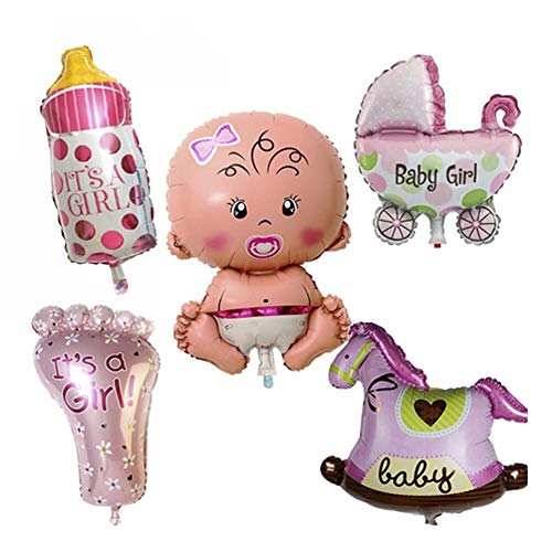 5Pcs Baby Party Balloons,Baby Shower Helium Balloons,Pink Baby Girl Balloons Birthday Party Decoration,Gender