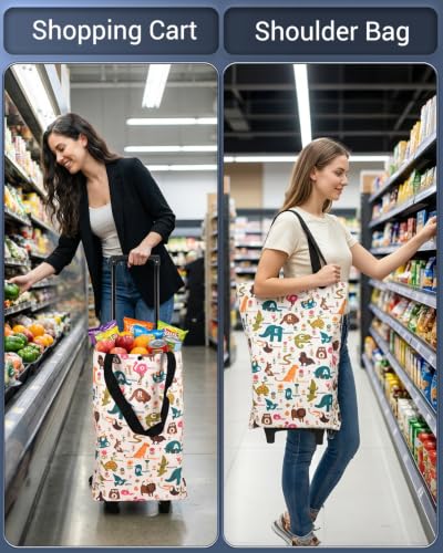 Image of Rolling Shopping Bag, Small Shopping Cart with Wheels,Collapsible Portable Waterproof Tote for Market & Grocery Runs-Gift for Women & Seniors(Cartoon)