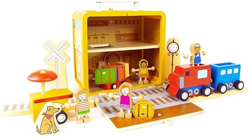 Jack Rabbit Creations - Juego de maleta de estación de tren - Juego de 16 juguetes de madera portátiles para mayores de 3 años - Certificado FSC,