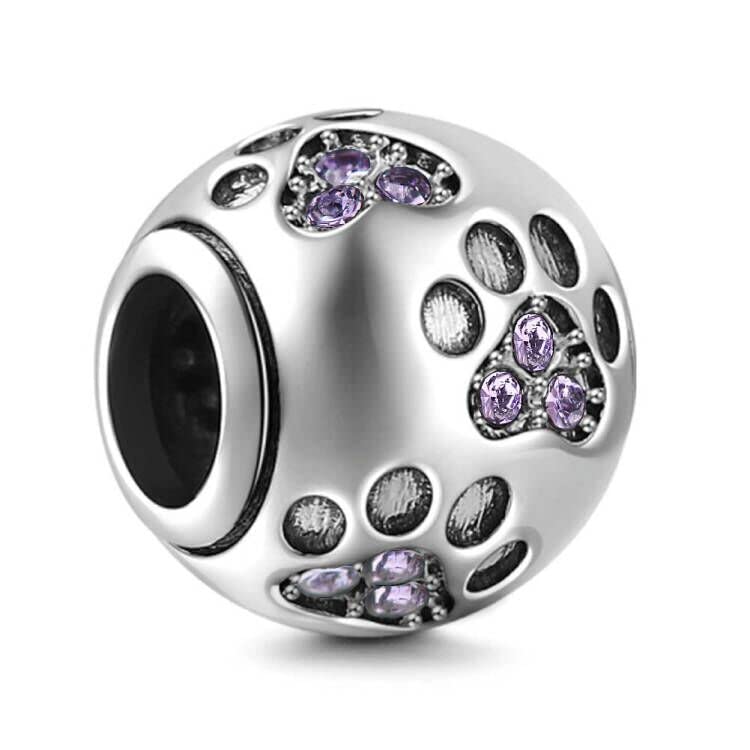 Abalorio de huellas para pulseras Pandora, cuentas de plata de ley 925 maciza con cristal transparente, forma de bola redonda, estilo europeo, dijes para mascotas, gatos, perros y cachorros, Cristal