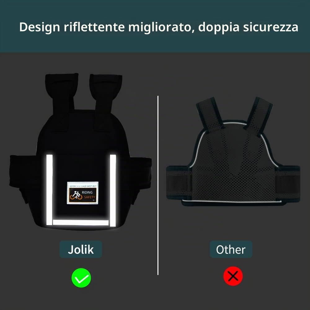 Jolik Cintura Moto Bambini Regolabile con Tasca, Materiale Traspirante Riflettente Nero