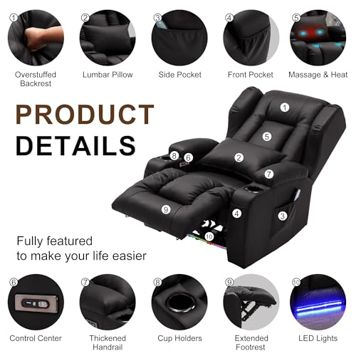 Image of DRMBOOK Power Recliner Chair, Electric Wall Hugger Reclining Sofa with Massage & Heat, Overstuffed Movie Theater Seating with LED /USB Ports /Cup Holders for Living Room (Leather Black, 2 Chairs)