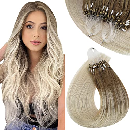 Sunny 16inch Micro Loop Hair Extensions Human Hair Light Brown Highlight with Blonde Micro Rings Beads Hair Extensions Real Human Hair 50g