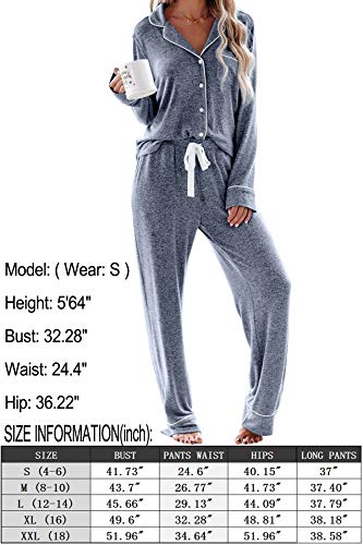 Women's Two-Piece Classic Knit Pajama Sets Long Sleeve Button Down Sleepwear (M, Lake Blue) #TOP6