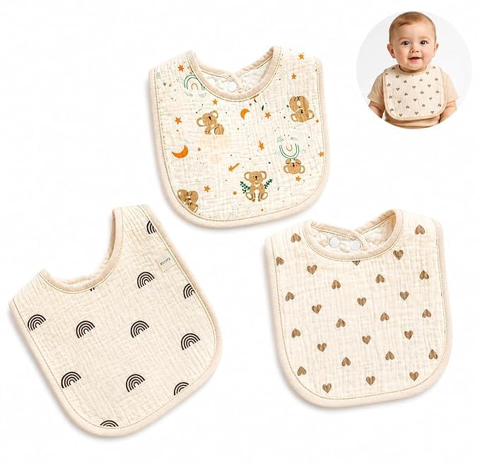 ZURATO Muslin Cotton Baby Bibs for 0–24 Months | Soft Absorbent Feeding & Drooling Bibs with Adjustable Snap Buttons and Water Resistant Inner Layer, Soft Washable Feeding Napkin-image-8