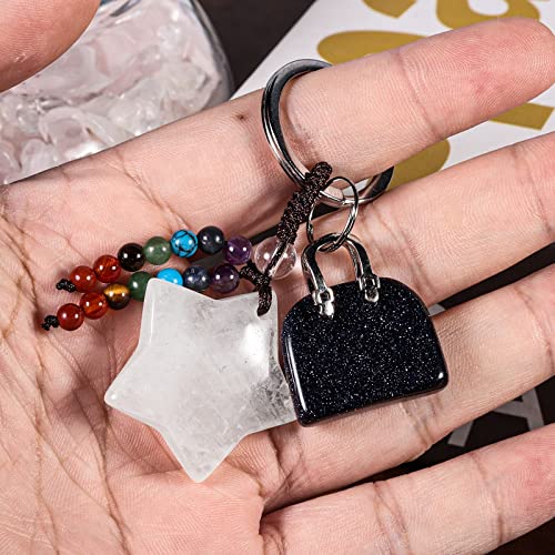Sunyik 2Pcs Rock Quartz Hand Craved Moon Star Crystal Key Chain For Couple Love Polished Stone 7 Chakra Crystal Charm Key Ring For Car Wallet Backpack #TOP4