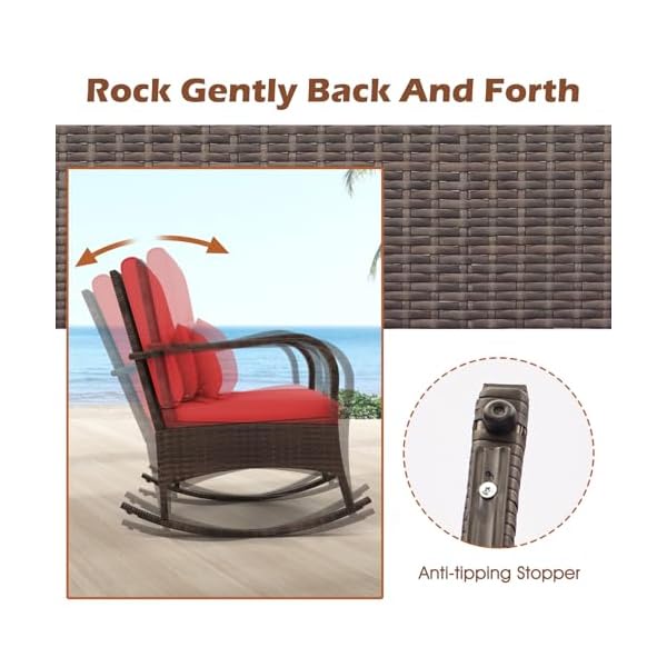 Oralner 3 pieces patio furniture set outdoor wicker rocking chairs with cushions pillows glass coffee table rattan bistro rocker set for balcony front porch poolside garden deck yard red  urban country home decor