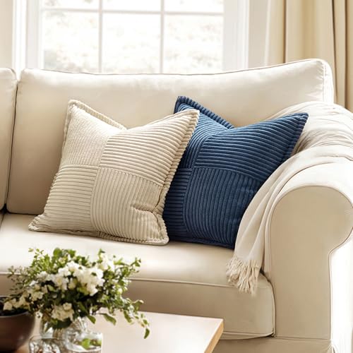 Image of MIULEE Decorative Throw Pillow Covers for Couch Bed Livingroom 20x20 Inch Set of 2 Blue Boho Accent Throw Pllows Broadside Striped Patchwork Soft Corduroy Summer Coastal Pillowcases