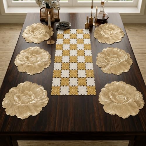 Image of Dakshya Industries PVC Waterproof Round Table Placemats & Table Runner Combo | 6 Round Mats (38 x 38 cm) + 1 Runner (91 x 33 cm) | Heat Resistant, Washable, Non Slip (Elovique)