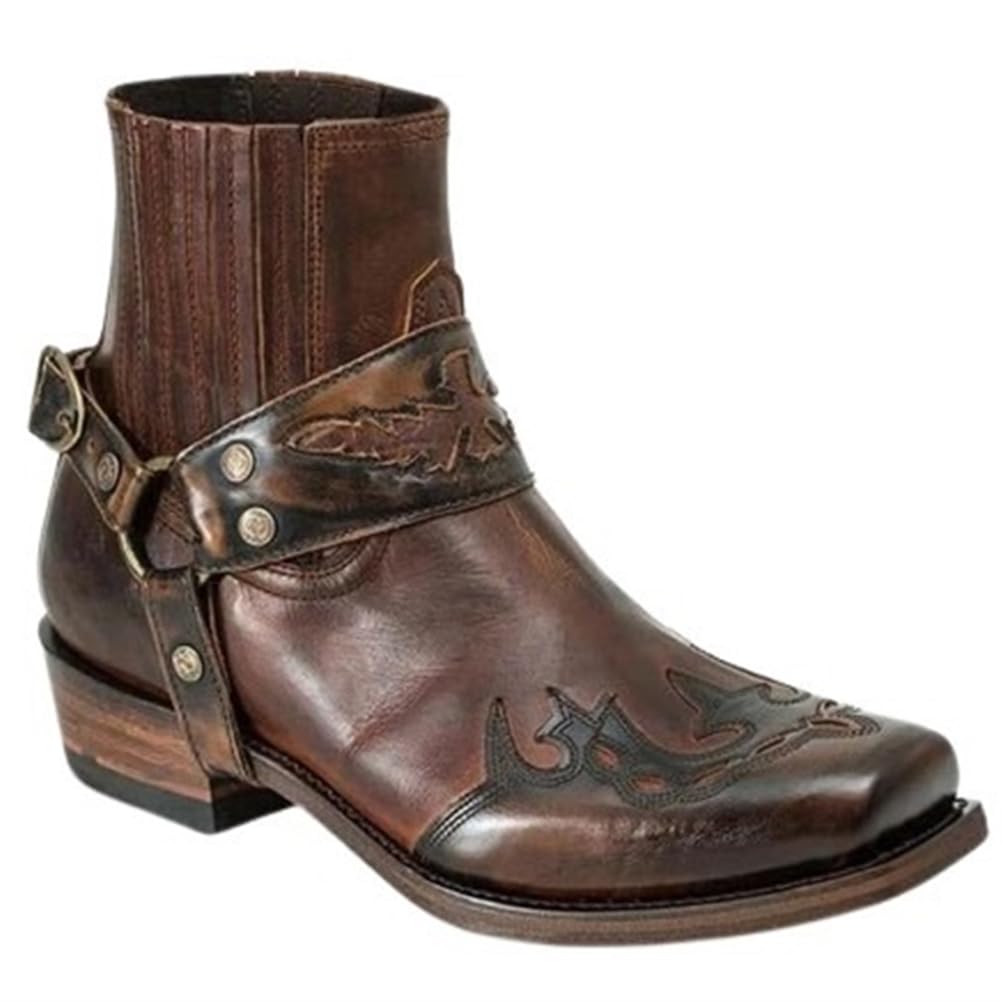 ORANDESIGNE Herren Western Cowboystiefel Vintage Motorradstiefel Winter Männer Leder Kurzschaft Stiefel Unisex Erwachsene Reiterstiefel F Dunkelkaffee 43 EU