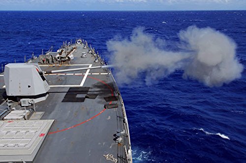The guided-missile destroyer USS McCampbell fires the MK-45 gun system Poster Print by Stocktrek Images (34 x 22)