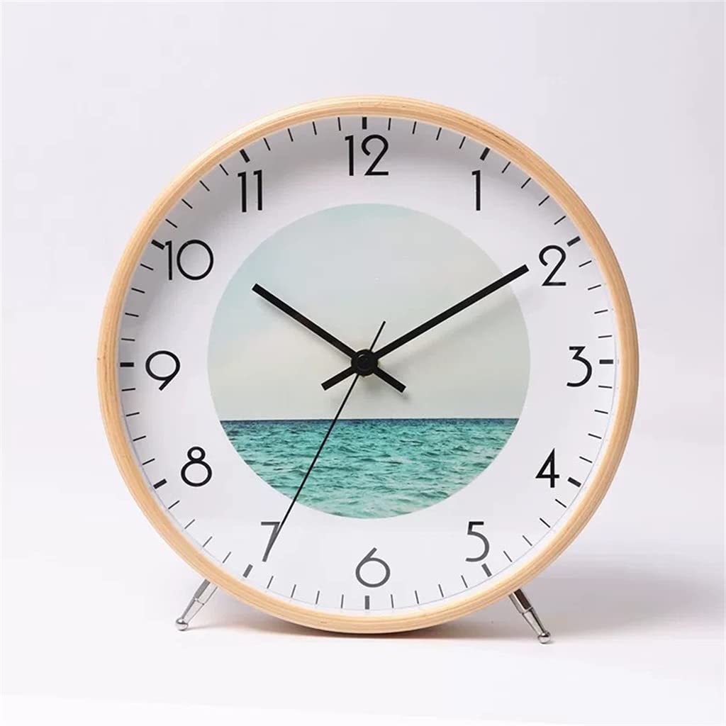 HRWLY Ocean Pattern Clock Minimalist Living Room Decoration Mute Desktop Solid Wood(D)