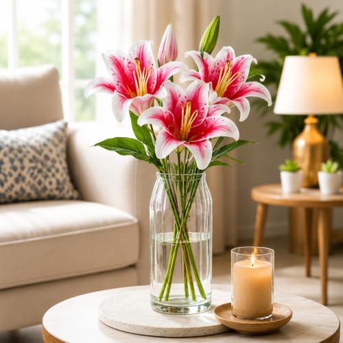 Image of CURATED CART 1 Pcs Lily Artificial Flowers Bunch for Home Decoration - Big Lily Bouquet for Home Decor - Real Touch Faux Latex Long Stem - Includes 2 Flowers and 1 Half Bloom Bud - Dark Pink