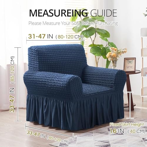 Image of Bails Sofa Cover 1 Seater Fully Covered | Sofa Cover 3 Seater Fully Covered | Sofa Cover 1 Seater | Universal Elastic Bubble Fabric with Frill Sofa Protector Cover (Navy, 1 Seater)
