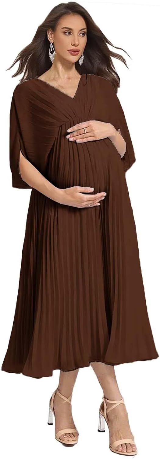 V Neck Chiffon Maternity Dress for Photoshoot Short Sleeve Pregnancy Gown Tea Length Postpartum Formal Dress DY257