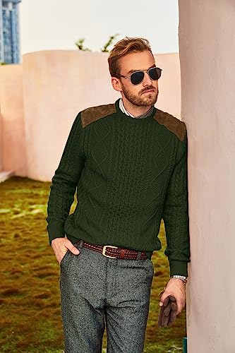 PJ PAUL JONES Mens Sweater Military Cable Knit Crewneck Vintage Long Sleeve Pulllover Sweaters with Suede Patchwork3