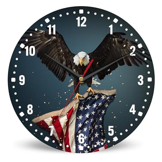 SPUNKER Wall Clocks,USA Flag Wall Clock Battery Operated 10 Inch,American Bald Eagle Round Clock Silent Non-Ticking Wall Decor for Farmhouse Office Home School Living Room Bedroom