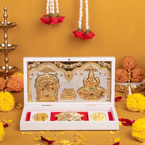 Image of Laxmi Kuber Pocket Temple for Pooja Room, Gifting for Wedding & Housewarming Ceremony I Gold Plated Photo Frame with Charan Paduka & Turtle for Good Luck - (8.4x4.5Inch) - Pack of 1