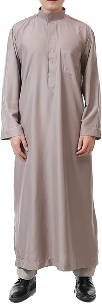 Mens Saudi Arabic Thobe Jubba Dishdasha Long Sleeve Robe Ramadan Muslim Dress Middle East Islamic Clothing 328# Khaki, XX-Large