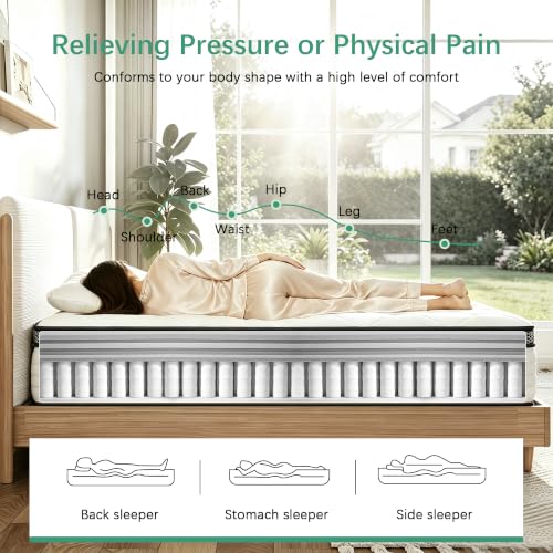 Image of Medium Firm 12 Inch Queen Hybrid Mattress, Individual Pocket Springs Combined with Memory Foam for Full Body Pressure Relief, Motion Separation, Safe CertiPUR-US Foam, Mattress Packaged in Box