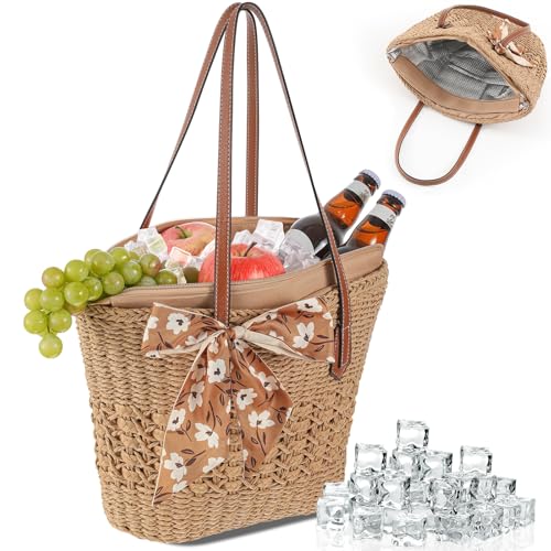 Dansydaisy Insulated Beach Woven Cooler Bag for Women, Leak Proof Summer Straw Bag with Zipper, Picnic & Pool, Stylish Straw Woven Beach Tote for Travel Vacation