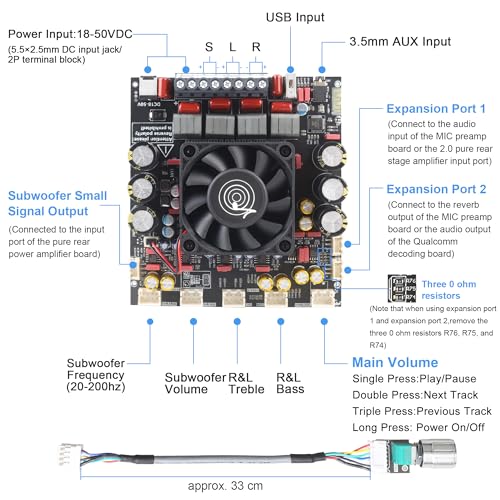 Image of ZK-AS21P Bluetooth Amplifier Board - 300W+300W+600W Output, 18-50V DC Wide Voltage Input, Vehicle Amplifier (External Potentiator)