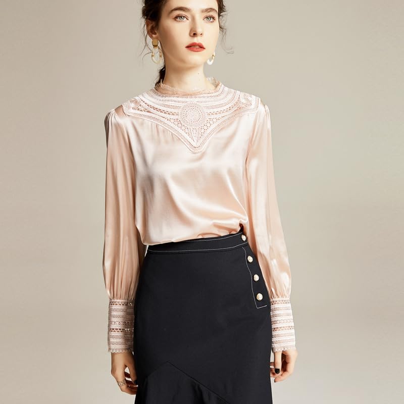 Chemisier en Satin de Soie Unie pour Femme, Manches Longues, Dentelle, col Rond, Chemise de Bureau, Chemise de Printemps (Rose M)