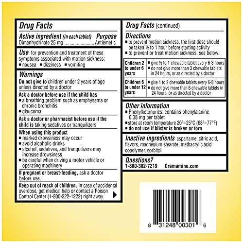 Dramamine Motion Sickness For Kids, Chewable, Dye Free, Grape Flavored, 8 Count #TOP6