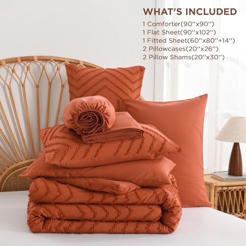 Image of Andency Queen Comforter Set Burnt Orange, 7 Pieces Boho Tufted Terracotta Bed in a Bag, Soft Fluffy Bedding Set with 1 Comforter, 1 Flat Sheet, 1 Fitted Sheet, 2 Pillow Shams, 2 Pillowcases