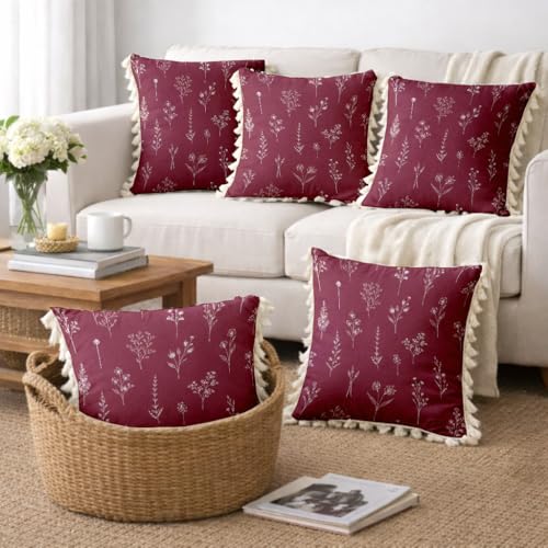 Image of STITCHNEST 'Little Meadow Series' Tassled Cushion Cover | Set of 5 | Floral Cushion Cover 16 inch x 16 inch