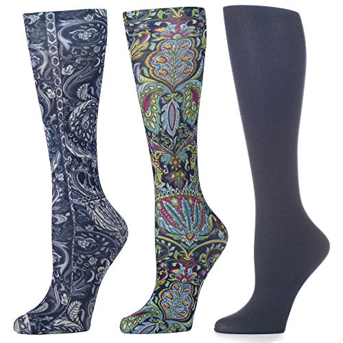 Celeste Stein Therapeutic Compression Socks for Women, 8-15mmhg Mild, Set Of 3, Made In Usa, Help Leg Circulation Bright Versache Paisley, 3count