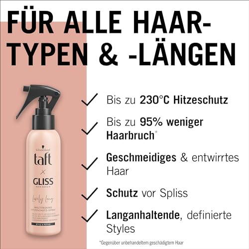 Taft x Gliss Hitzeschutz-Spray Lovely Long (150 ml), Multitasking-Spray bietet Hitzeschutz bis zu 230°, Schutz vor Spliss und langanhaltende definierte Styles